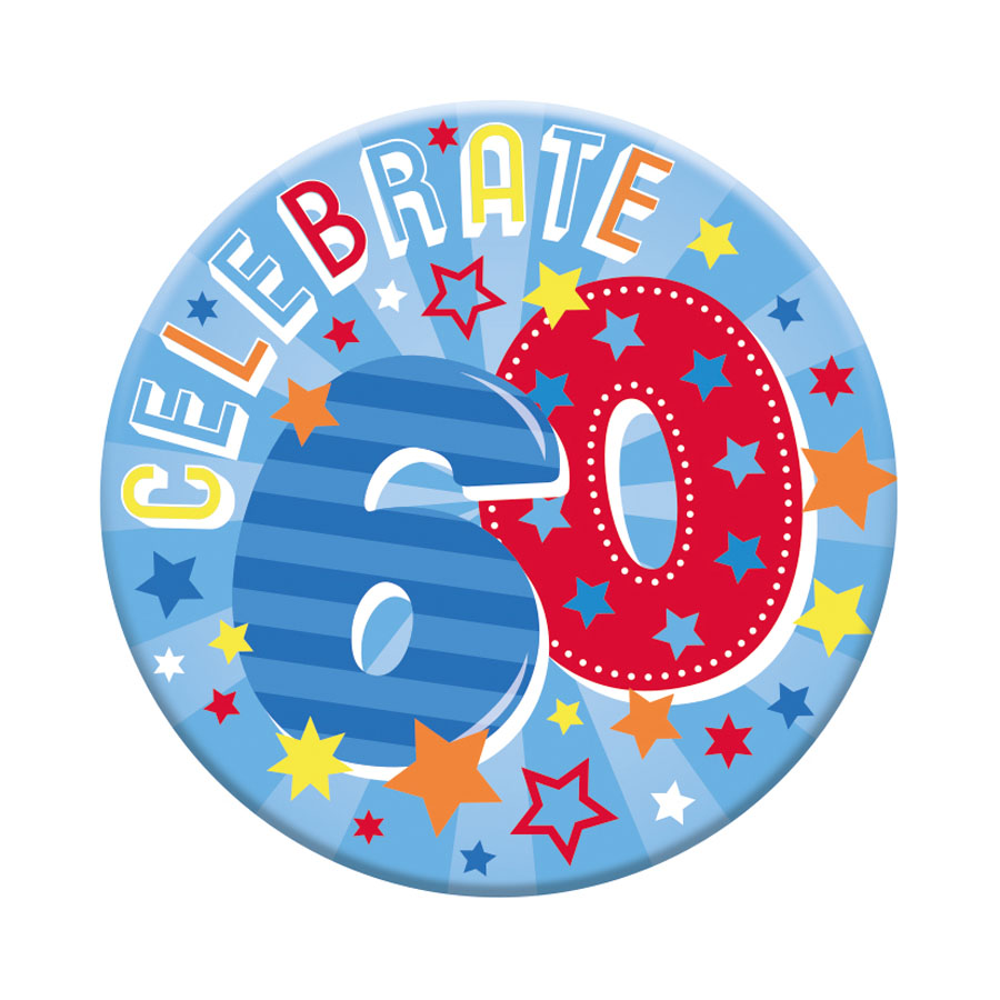 Six small birthday badges with the number 60 from Tiger Feet, featuring colorful designs for celebrating a 60th birthday.