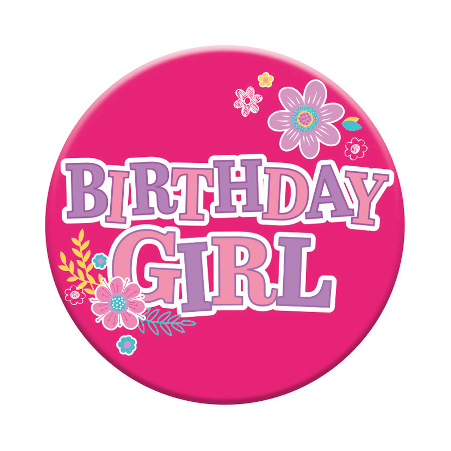 Six small birthday open badges by Tiger Feet, featuring colorful designs for celebration and decoration.