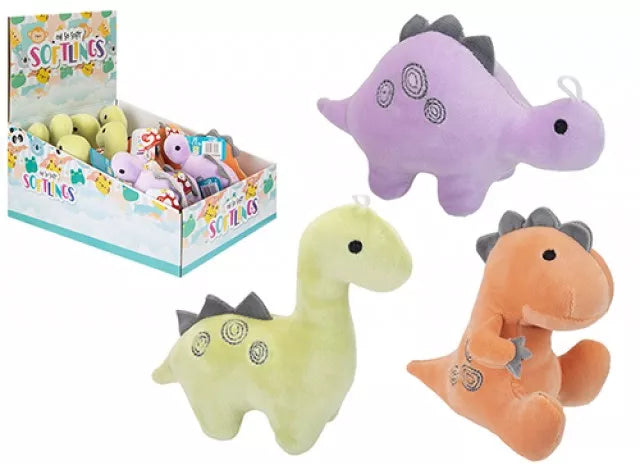 Set of 12 PMS International Softlings dinosaur plush toys, 13cm soft toys with colorful dinosaur designs on a white background.