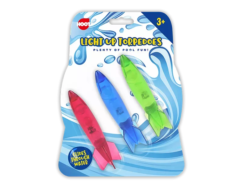 Set of three Light Up Torpedoes toys by Gem Imports, 13x4cm, featuring bright, colorful illumination for active play.
