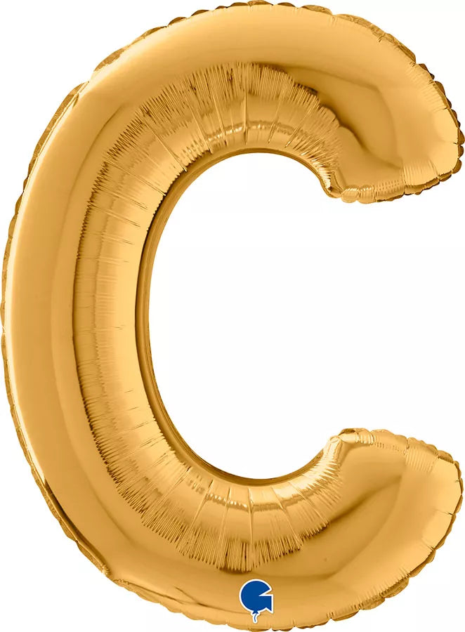 Gold Grabo foil balloon in the shape of the letter C, measuring 26 inches tall, suitable for celebrations and decorations.