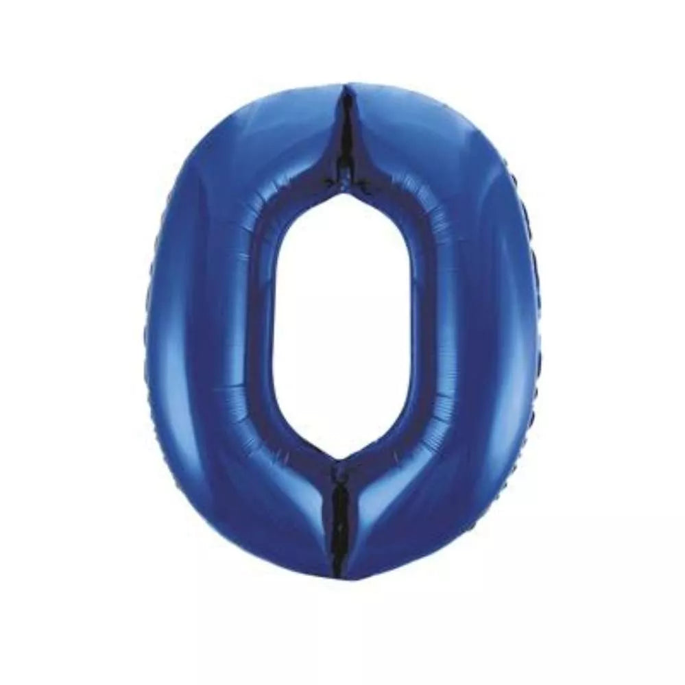 Blue foil balloon shaped as the number zero, 34 inches tall, from Unique, with a shiny, glitzy surface perfect for celebrations.
