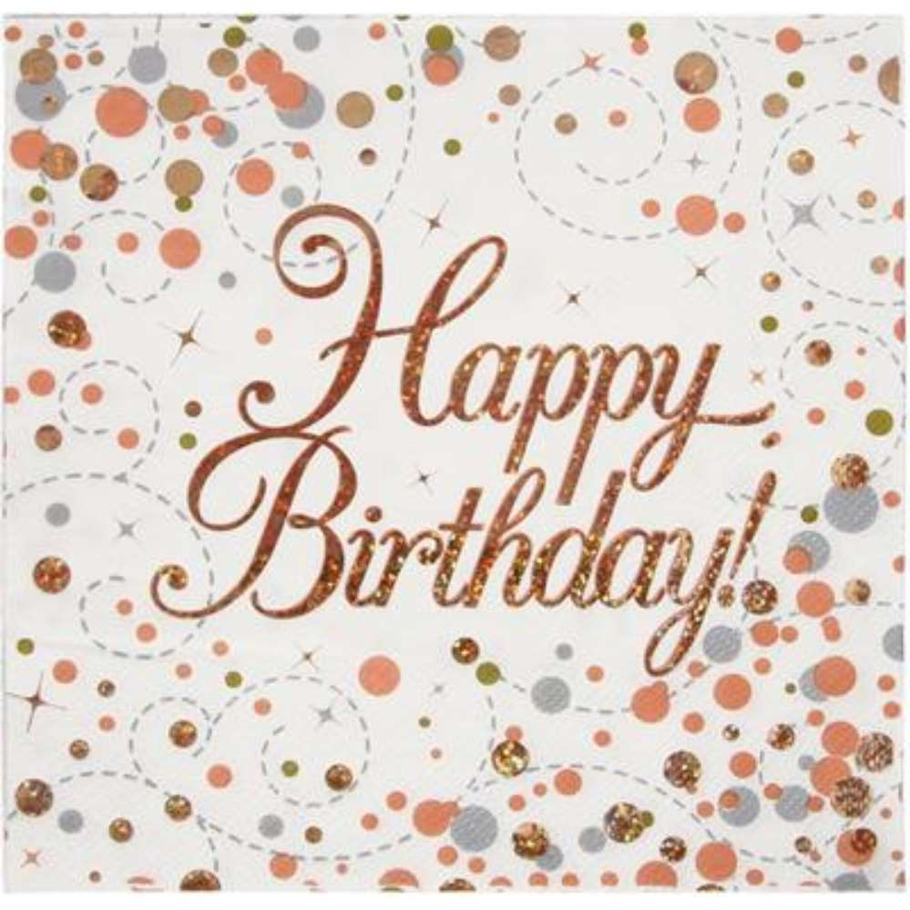 Oaktree Fizz Happy Birthday Rose Gold Napkins 16pk