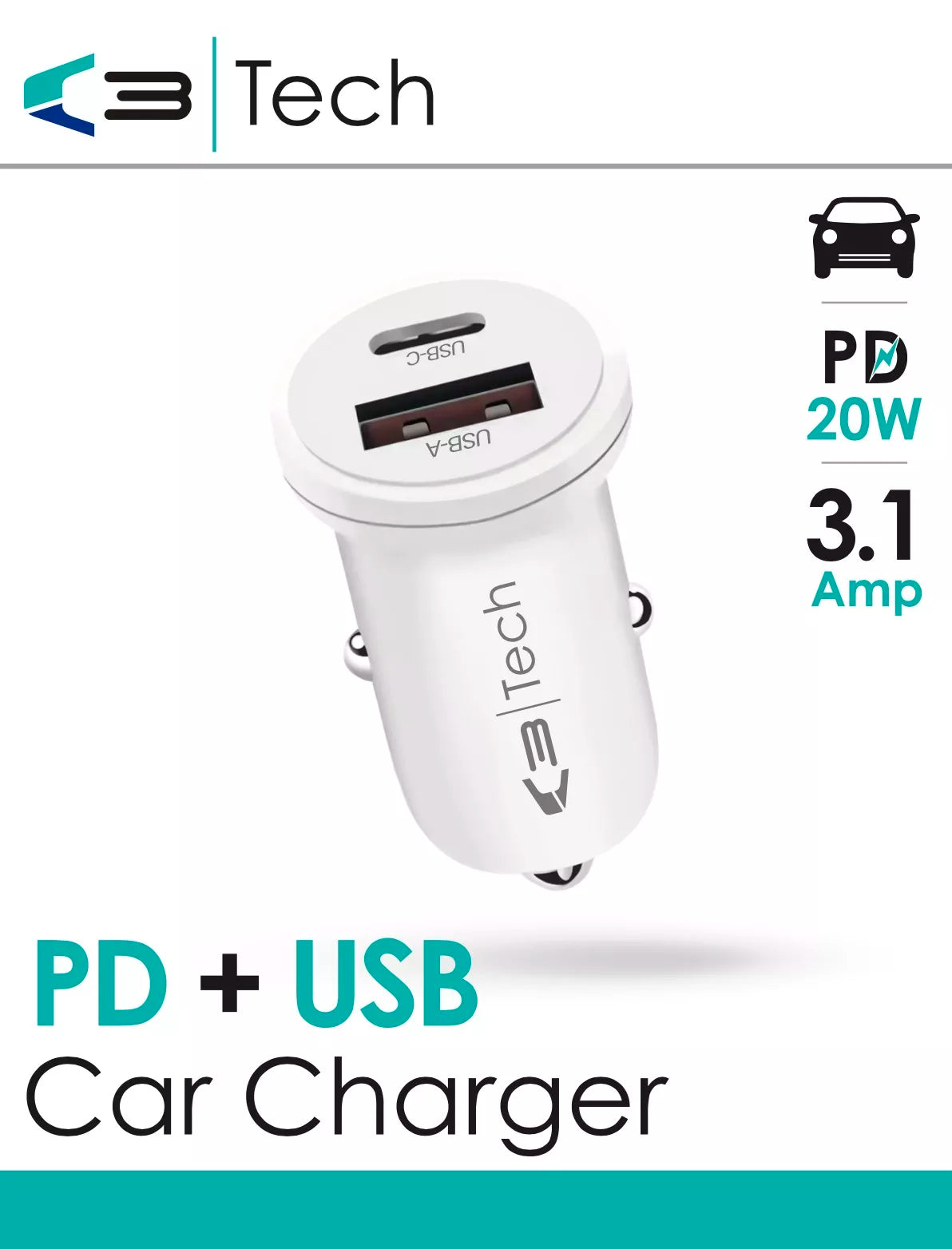 Vibe Centre car charger with PD and USB ports connected to a vehicle's power socket, charging electronic devices.