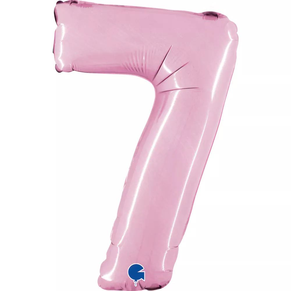 Grabo pastel pink foil balloon in the shape of the number 7, 14-inch size, with shiny metallic finish.