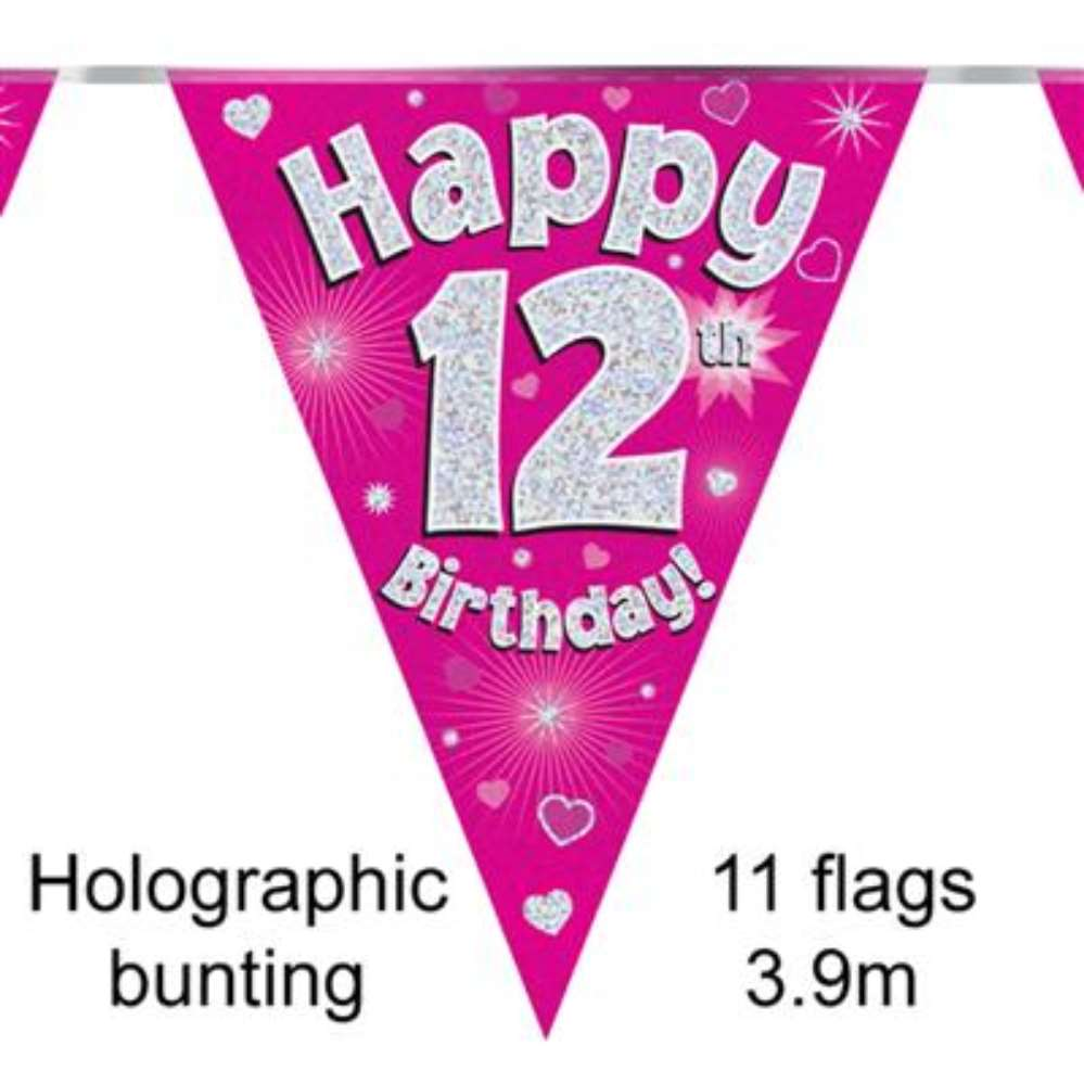Bunting 11 Flags Pink Holographic Birthday Age 12