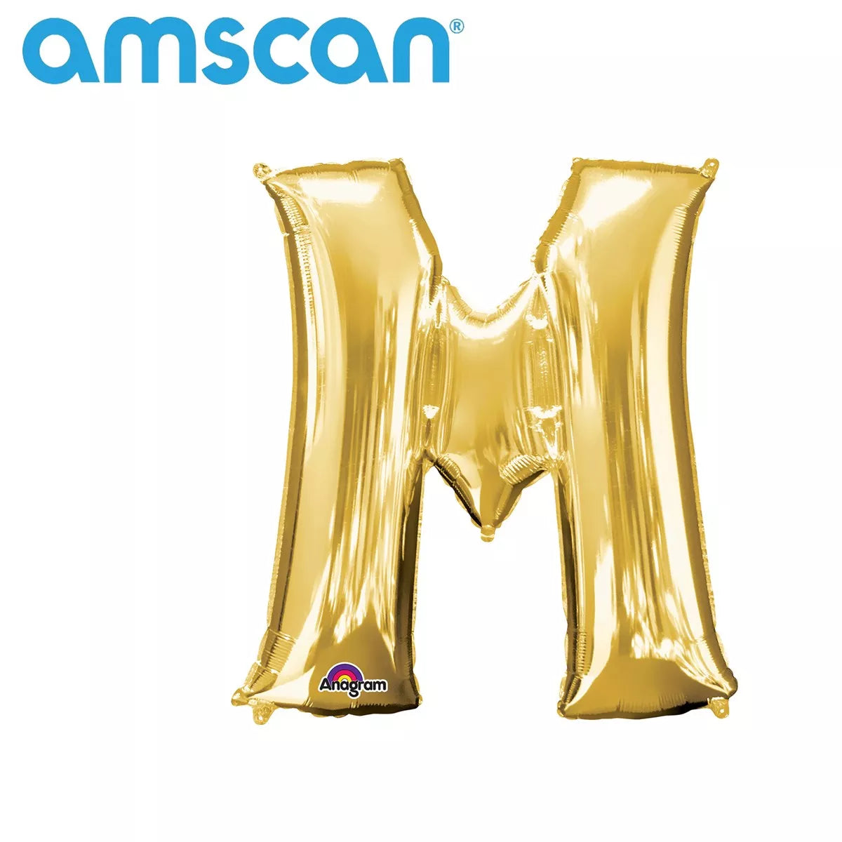 Gold foil letter M balloon, 16-inch size, from Anagram, with shiny metallic surface and classic letter M design.