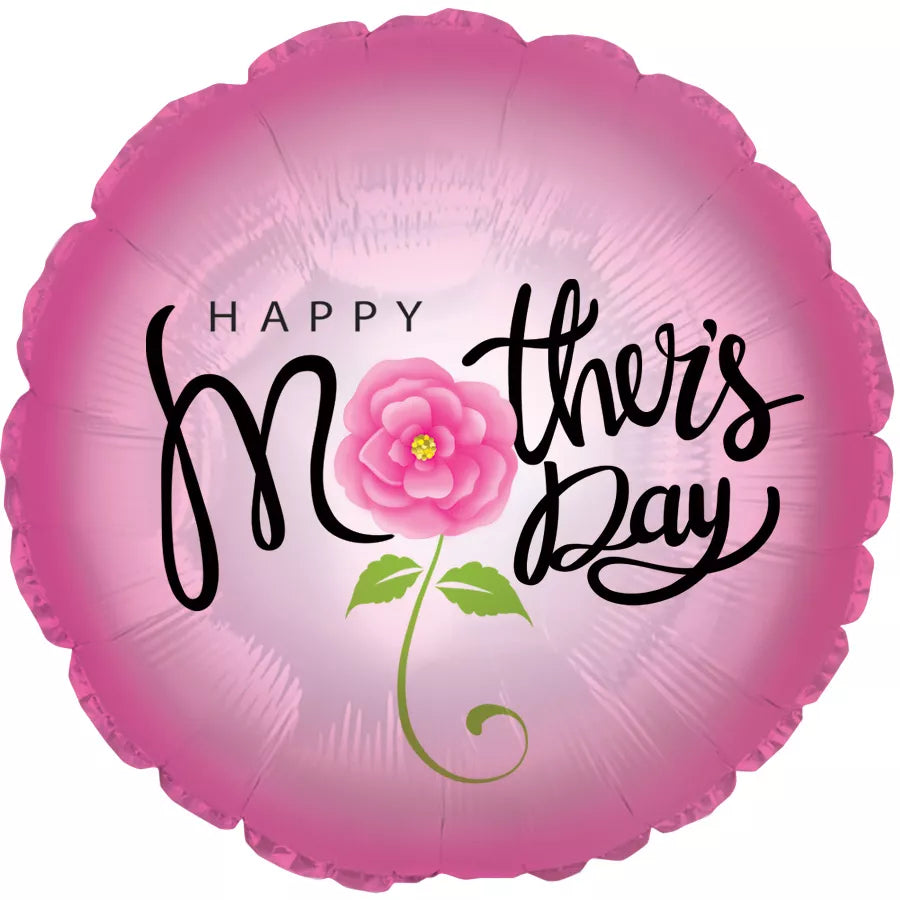 Pink Rose foil balloon for Mother’s Day, 17-inch TRI brand foil balloon with floral design and shiny surface.