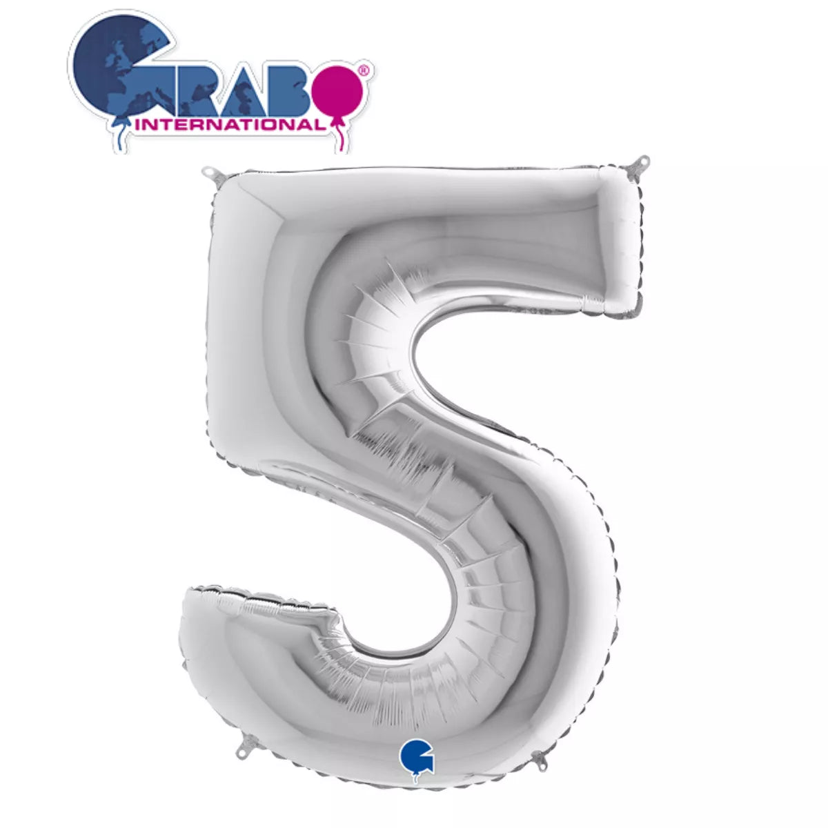 Silver Grabo foil balloon in the shape of the number 5, 40 inches tall, with shiny metallic finish and festive appearance.