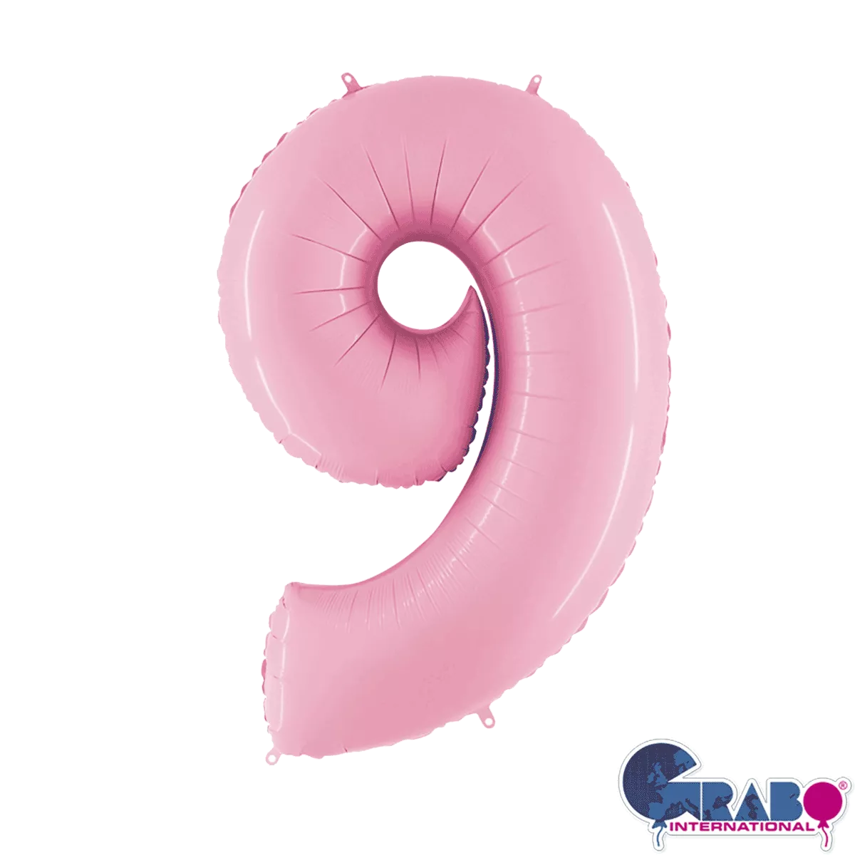 Pastel pink 26-inch Grabo foil number 9 balloon floating against a white background.