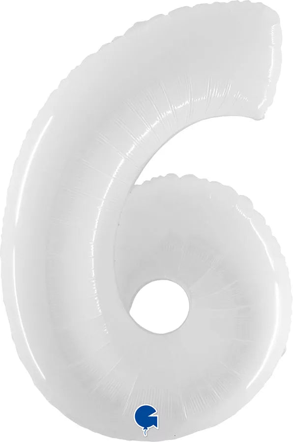 Shiny white 40-inch Grabo foil balloon shaped as the number 6, with reflective metallic surface and smooth rounded design.