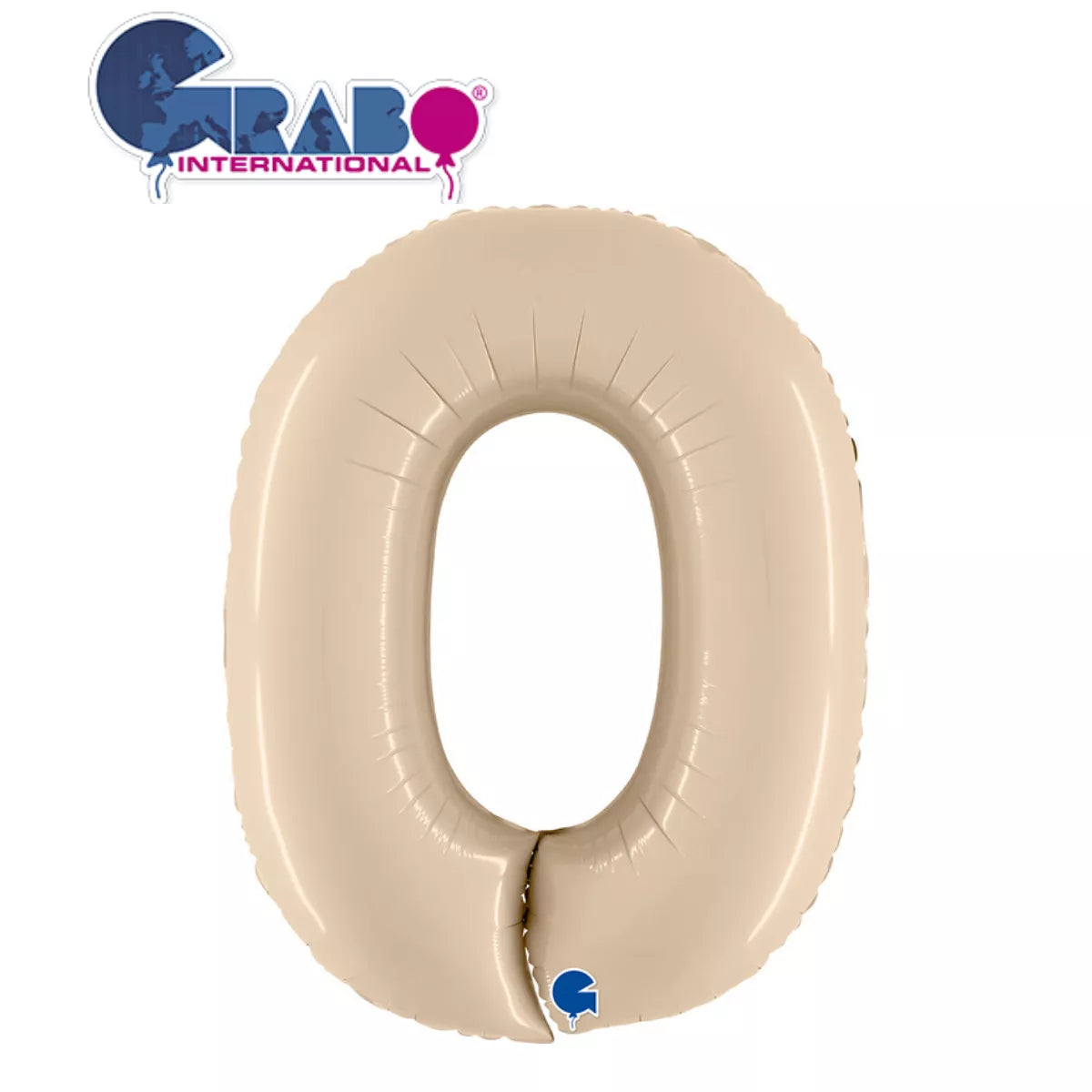 Cream satin foil balloon in the shape of the number zero, 40 inches tall, by Grabo.
