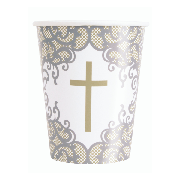 Silver & Gold Fancy Cross 9oz Paper Cups 8pk
