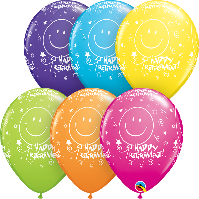 Assorted 11-inch Qualatex printed latex balloons with retirement tropical designs in a 25-pack, colorful and festive for celebrations.