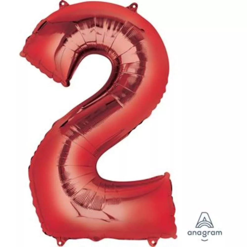 Red 34-inch Anagram foil balloon shaped as the number 2, shiny and festive for celebrations.