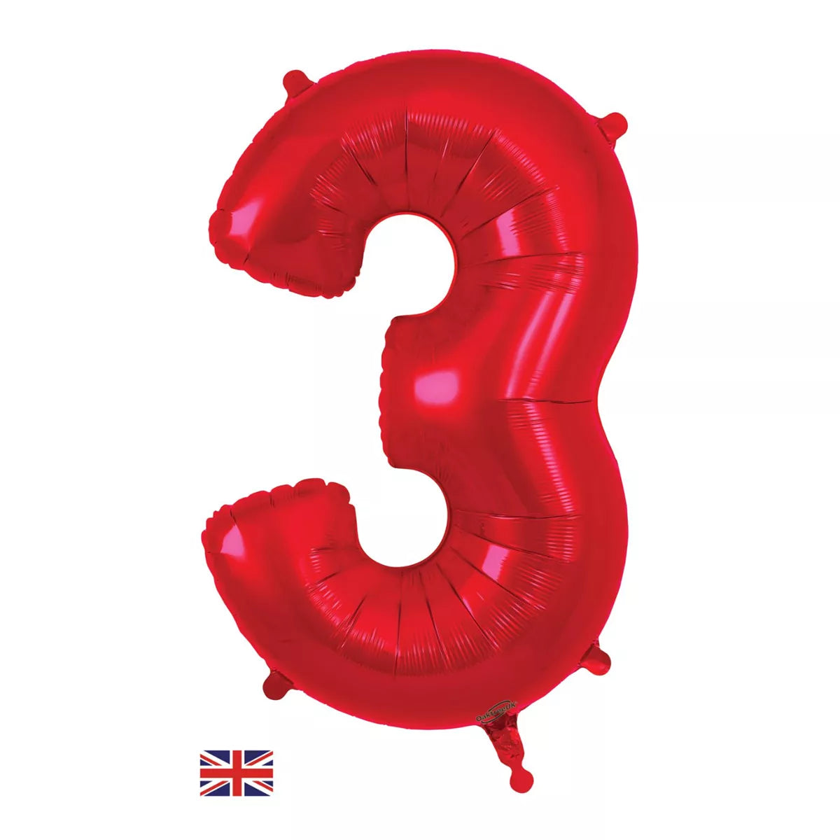 Red Oaktree foil balloon shaped as the number 3, 34 inches tall, perfect for celebrations and decorations.