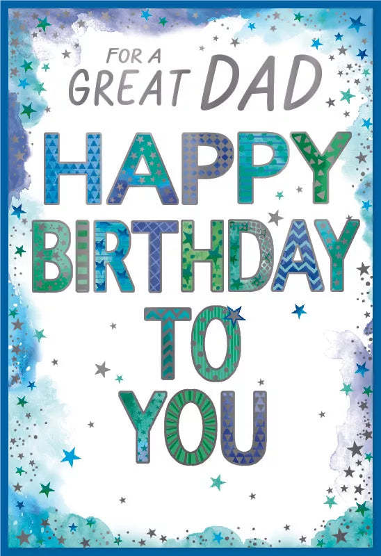 Six Simon Elvin C50 Birthday Dad greeting cards featuring colorful designs and festive messages for Father's Day celebrations.