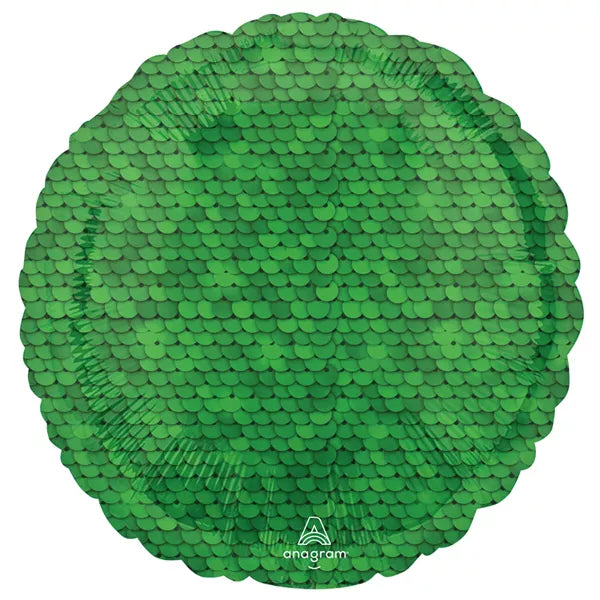 Forest green sequins foil balloon, 18-inch round party balloon by Amscan with shiny, reflective surface and festive design.