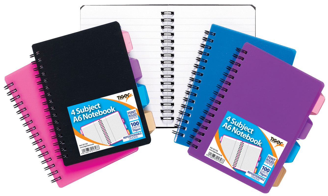 Set of 10 Tiger Stationery A6 4-subject notebooks with 100 sheets each, featuring colorful covers and lined pages.
