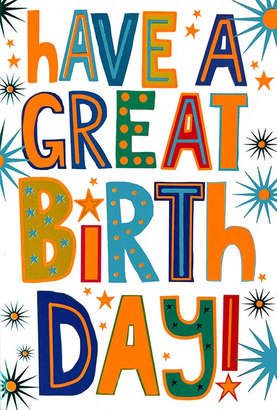 Simon Elvin C50 birthday greeting cards in a pack of six, featuring colorful designs and festive message artwork.