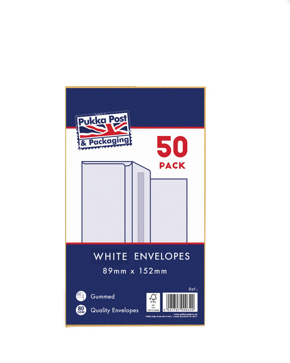 Pukka Pads 50 Pack Envelopes Gummed White 89x152mm