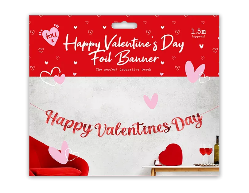 Letter banner reading "Happy Valentine’s Day" in red and white letters, 1.5M long, from Gem Imports, displayed hanging for celebration.