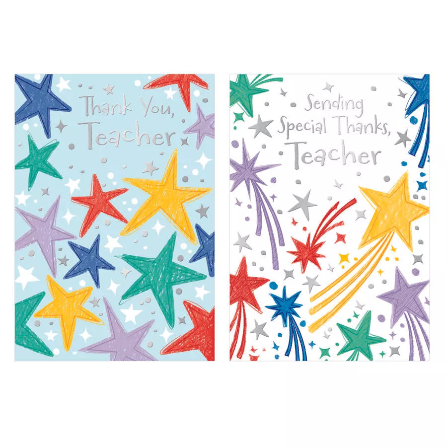 Poppyhill 12-pack thank you teacher cards featuring colorful floral designs and heartfelt messages.