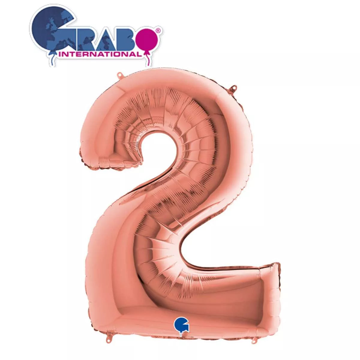 Rose gold Grabo foil balloon shaped as the number 2, measuring 40 inches, with shiny metallic finish and decorative details.