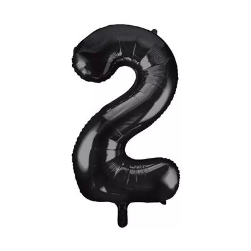 Black 34-inch number 2 foil balloon from Unique, shiny metallic surface, perfect for celebrations and special events.