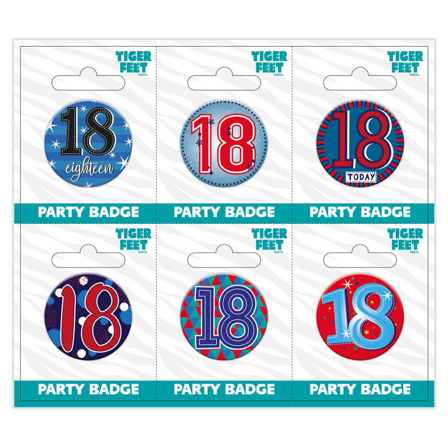 Six small Tiger Feet birthday badges with the number 18, featuring colorful designs and adjustable pin backs.