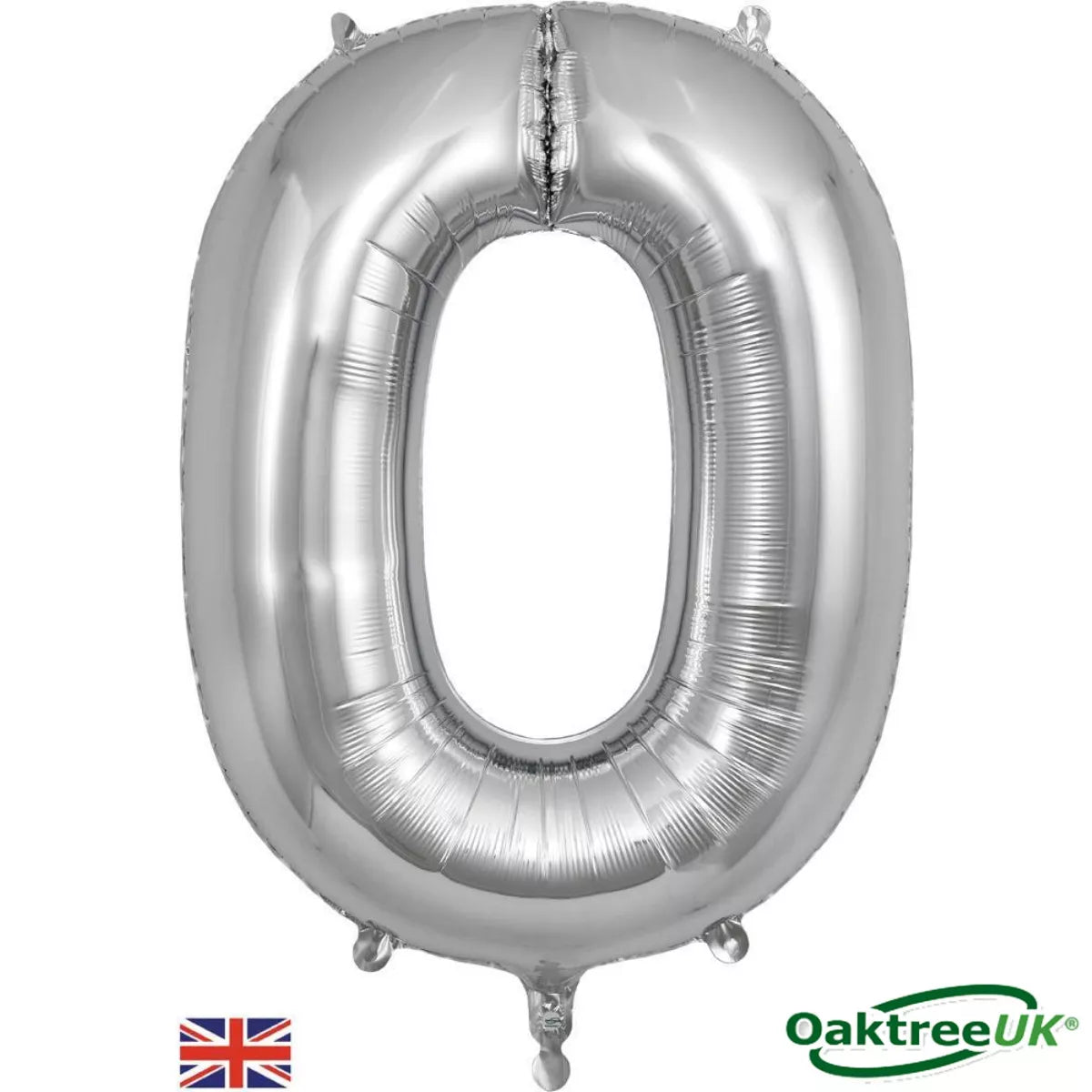 Oaktree Silver 34-inch foil balloon shaped as the number 0, shiny metallic finish, ideal for celebration decorations.
