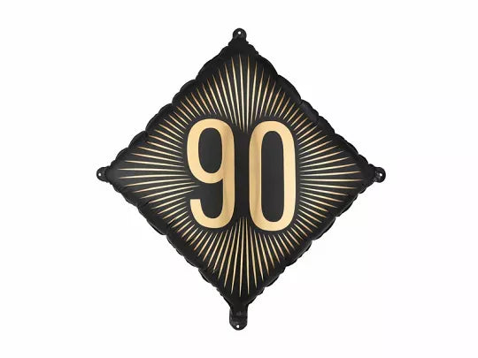 PartyDeco black and gold foil balloon celebrating 90th birthday, 18-inch round balloon with elegant age design.
