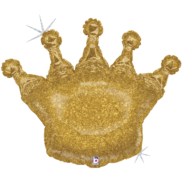Gold holographic foil crown balloon with glittering design, 36 inches, branded by Grabo, shown inflated with reflective surface and crown shape.