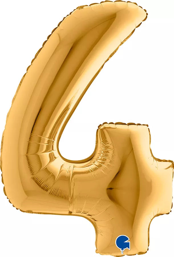 Gold Grabo foil balloon shaped as the number 4, 40 inches tall, decorative for celebrations and special events.