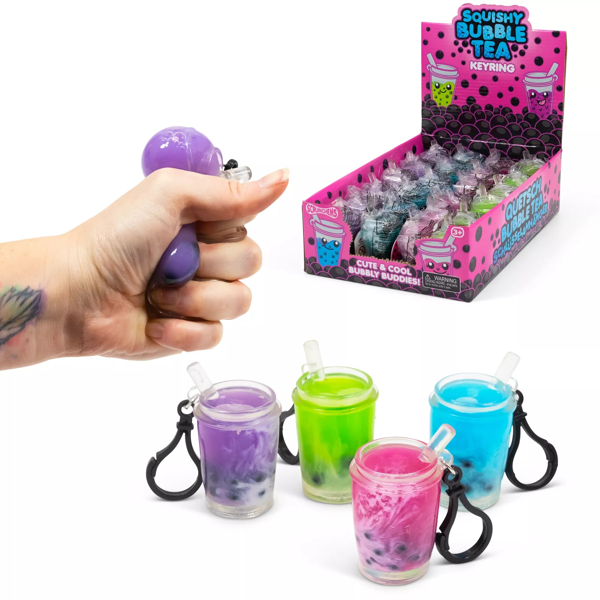 Colorful Scrunchems Keychain Bubble Tea toys from One For Fun, featuring small, playful bubble tea figures on keychains.