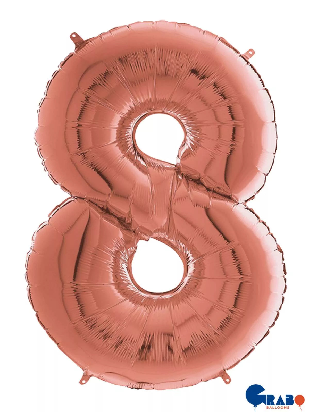 Rose gold Grabo foil balloon shaped as the number 8, measuring 26 inches, with shiny metallic finish and decorative design.