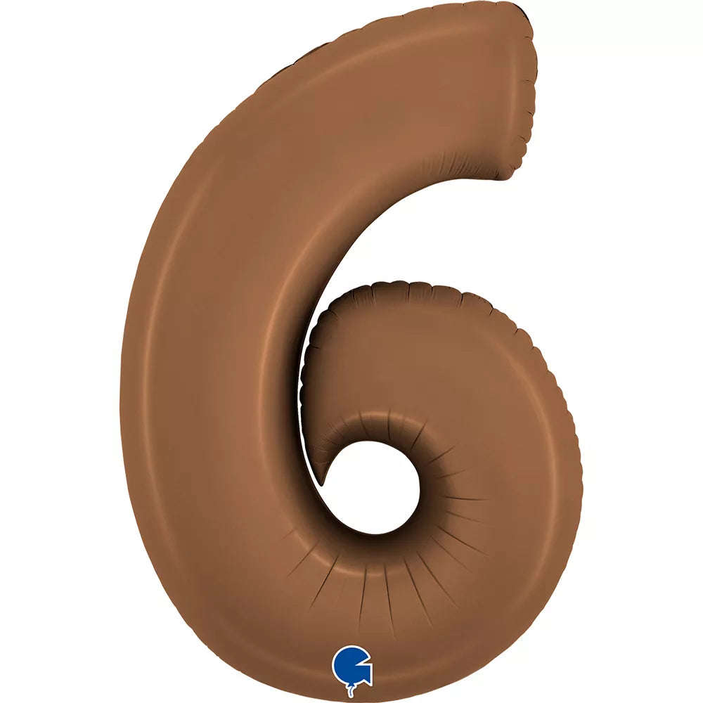 Grabo satin chocolate foil balloon in the shape of the number 6, measuring 40 inches, with a shiny, smooth surface.