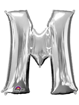 Silver 34-inch Anagram foil balloon in the shape of the letter M, shiny and reflective, perfect for celebrations and parties.