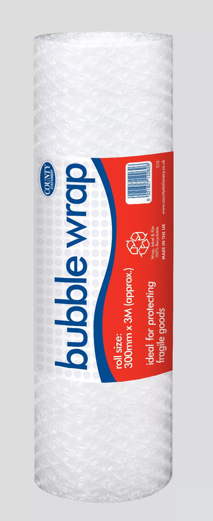 Bubble Wrap Roll from County Stationery, 30cm x 3m, showing clear, protective plastic bubbles for packaging and cushioning.