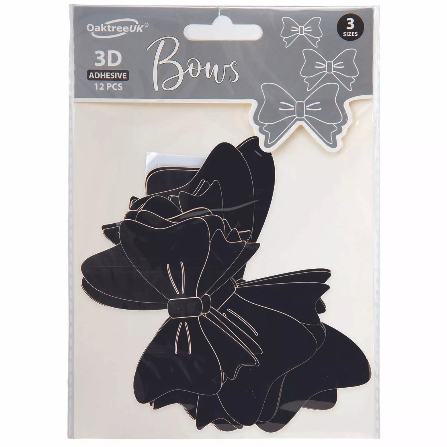 Black 3D adhesive balloon bows from Oaktree, 12-pack, with decorative 3D design for balloon embellishments and party decorations.
