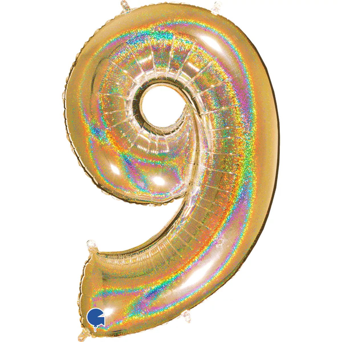Colorful Grabo foil balloon in holographic gold with the number 9, measuring 40 inches, featuring glitter accents.