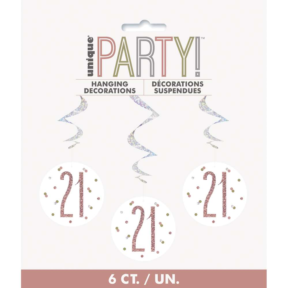 Unique Age 21 Rose Gold 32" Hanging Swirl 6pk