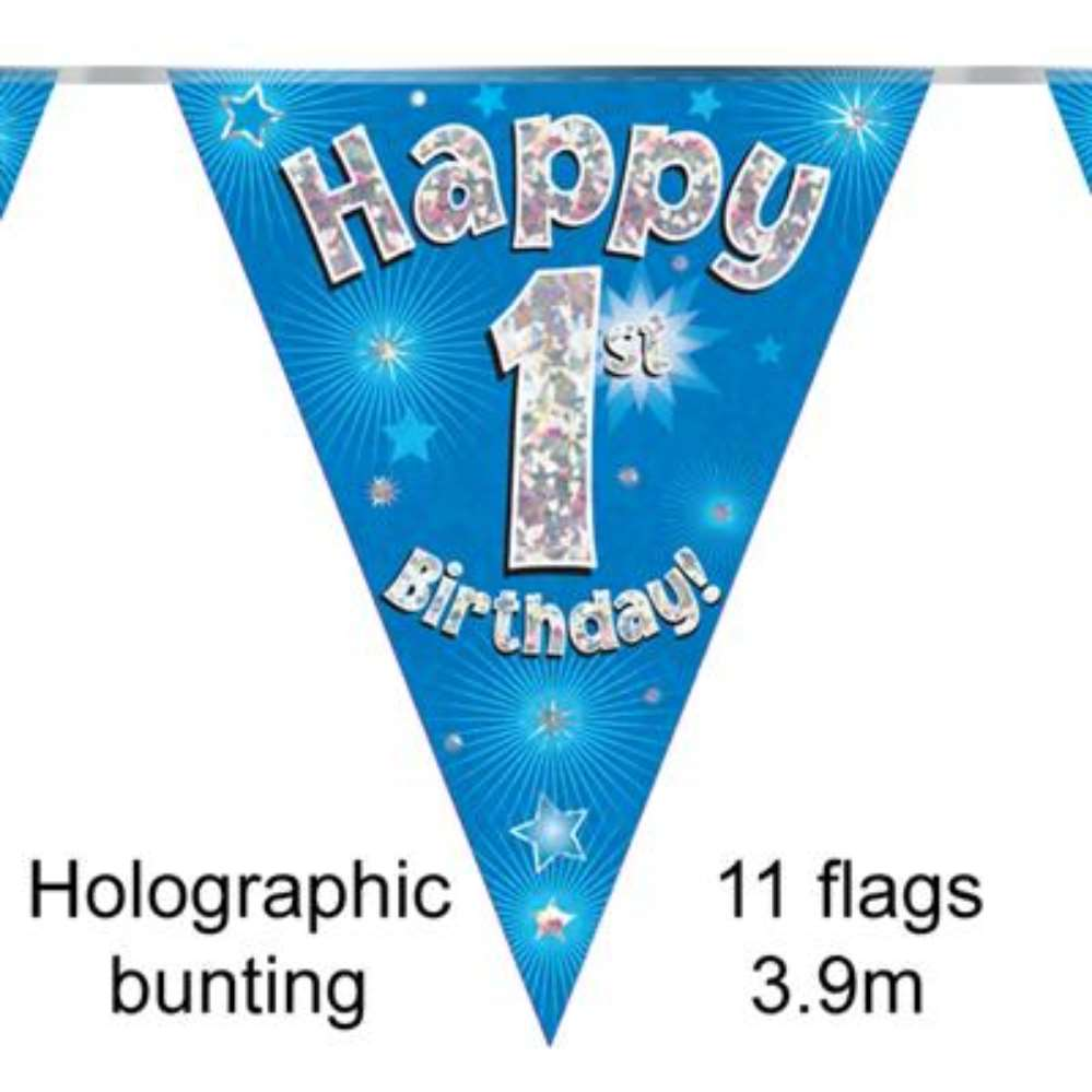 Bunting 11 Flags Blue Holographic Birthday Age 1