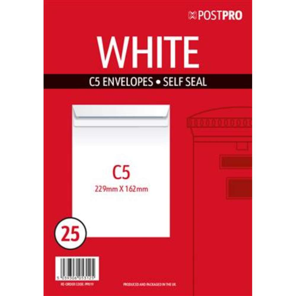 25pk Envelopes C5 162x229mm Self Seal White