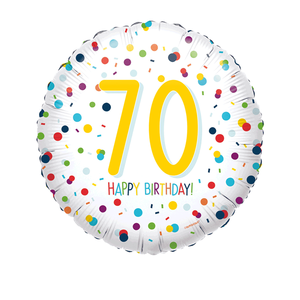 Anagram 70th birthday foil balloon with colorful confetti design, 18-inch size, celebrating milestone event.