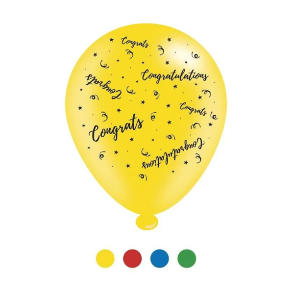 Assorted 10-inch APAC latex balloons with "Congratulations" printed in colorful designs for celebrations.