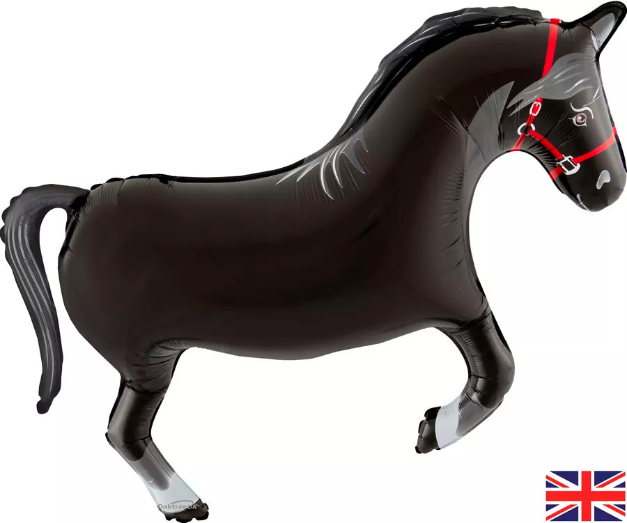 Oaktree Metallic Black 35-inch horse foil balloon with shiny metallic finish, floating against a plain background.