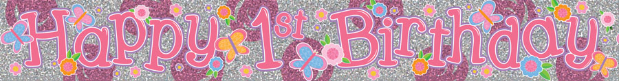 1st Birthday Silver/Pink Banner 2.6M 6pk
