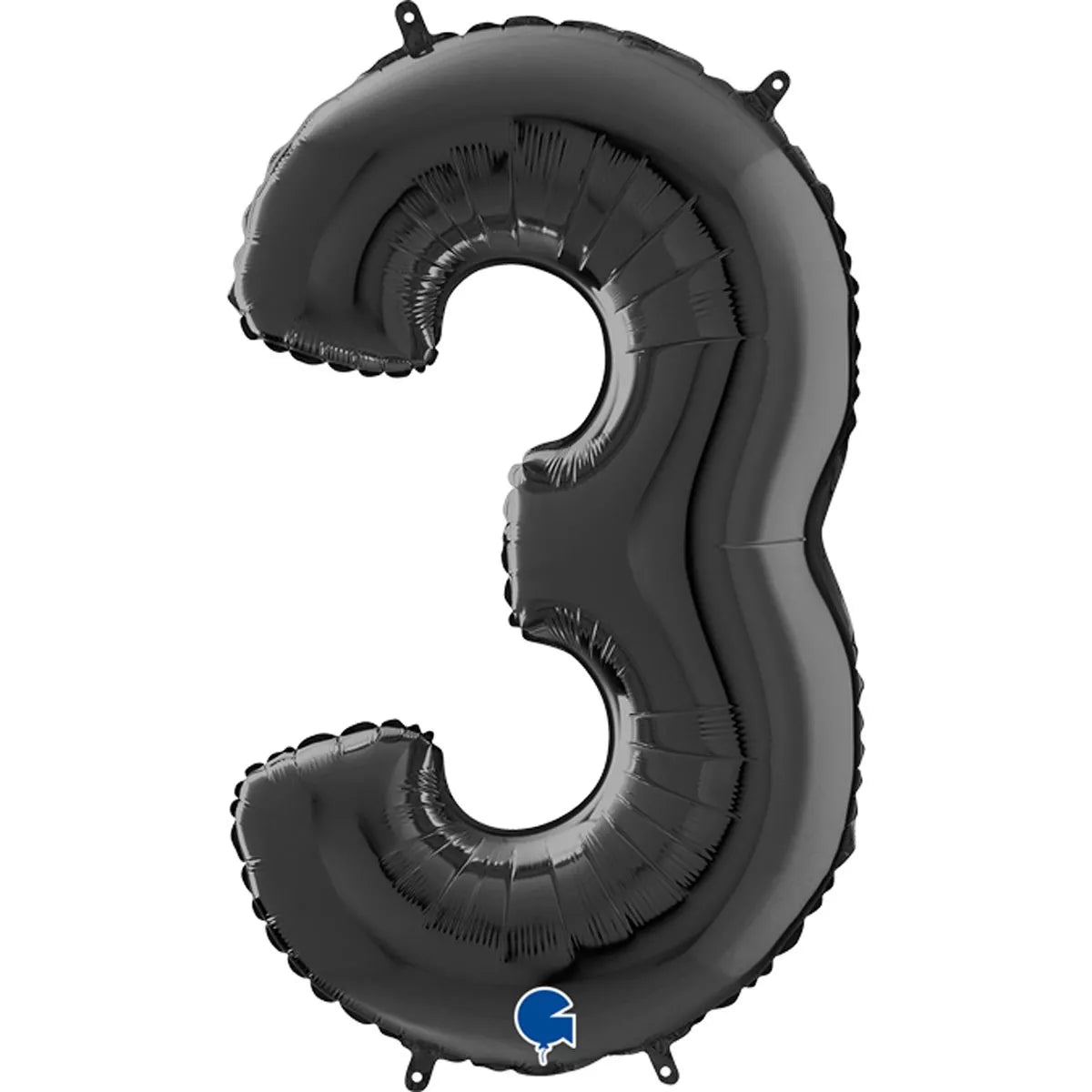 Black Grabo foil balloon in the shape of number 3, 26 inches tall, with shiny metallic finish and bold numeral design.
