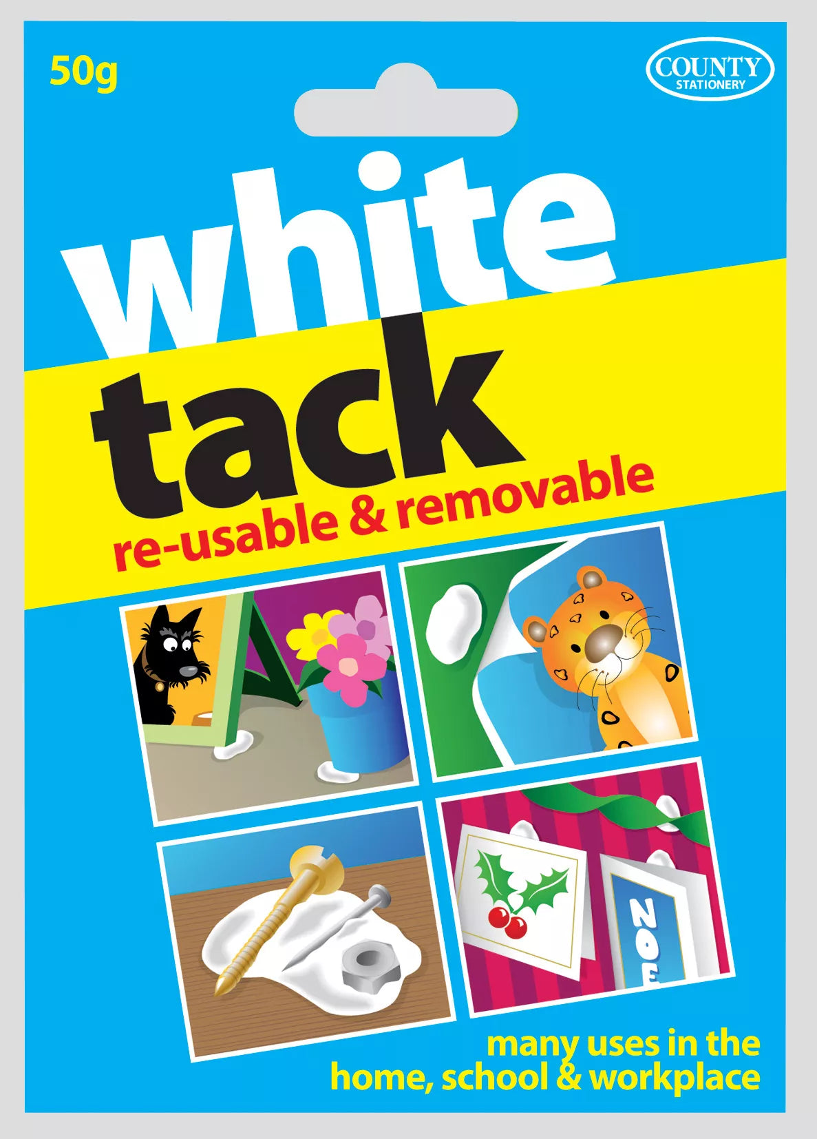 White Tack 50g by County Stationery, reusable Blu Tack and glue dots for sticking paper and lightweight items.